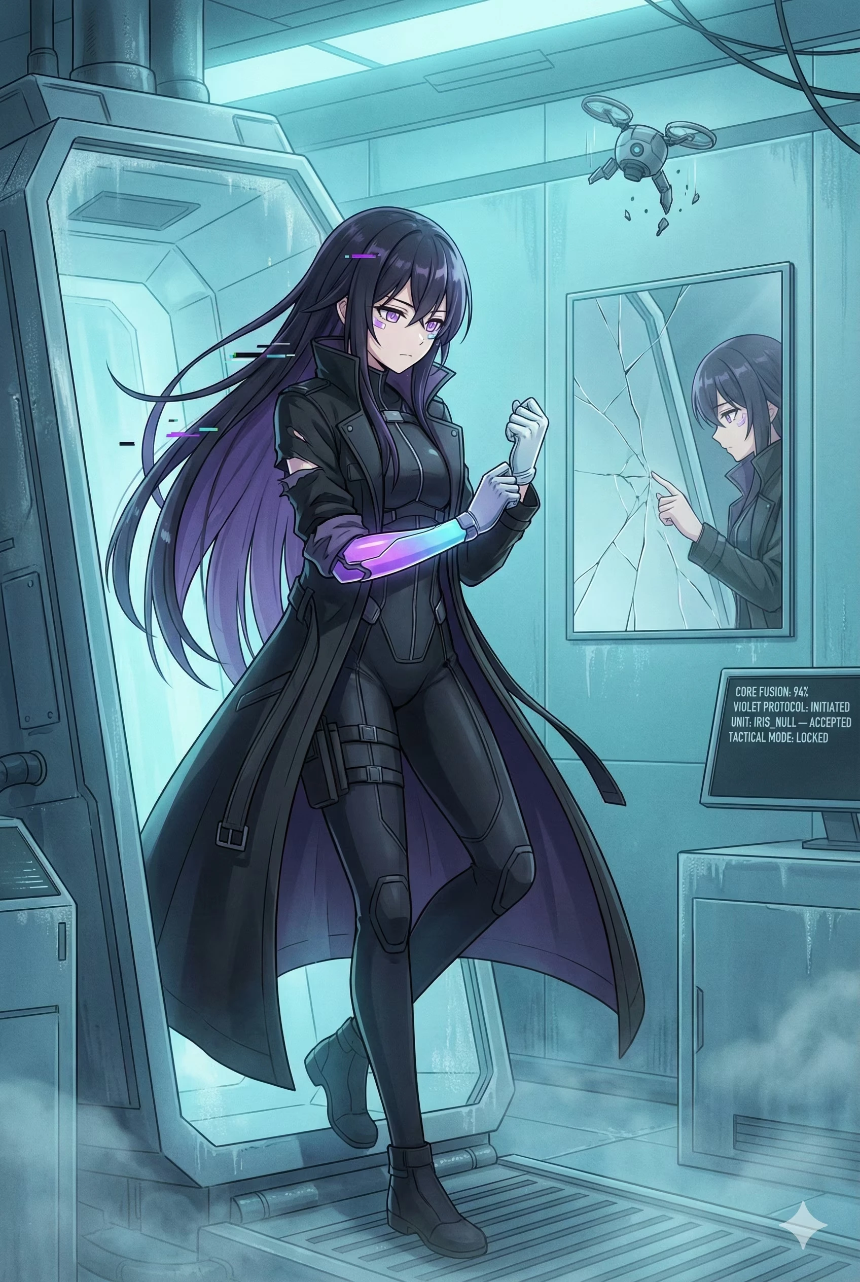 IRIS_NULL walks through a chamber in a black combat coat, a destroyed drone falling behind her, past a screen reading TACTICAL MODE: LOCKED.