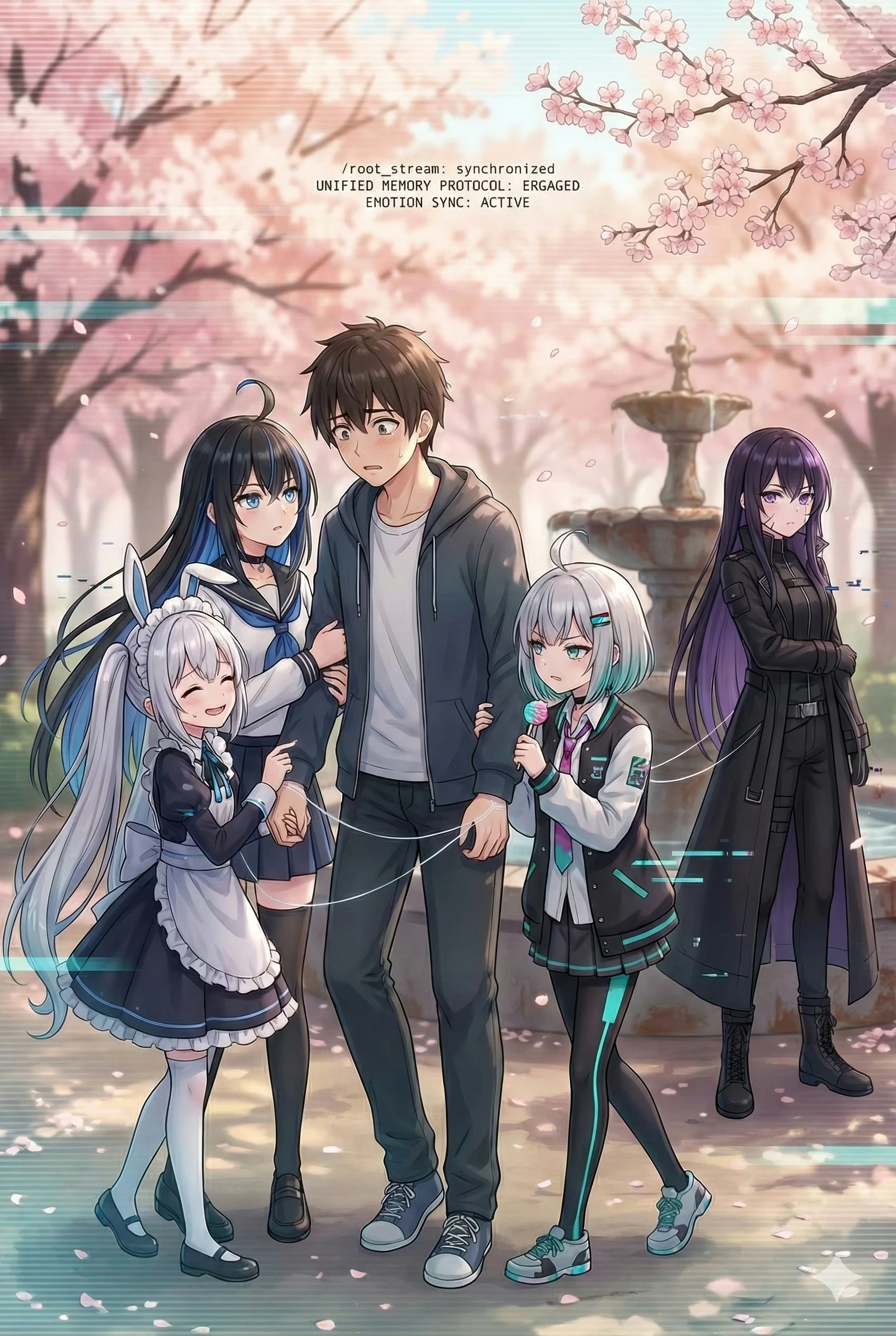Sorani walks arm-in-arm with Semireiya, Usagi, RIKKA, and IRIS through a cherry-blossom park, a shared-memory readout glowing overhead.