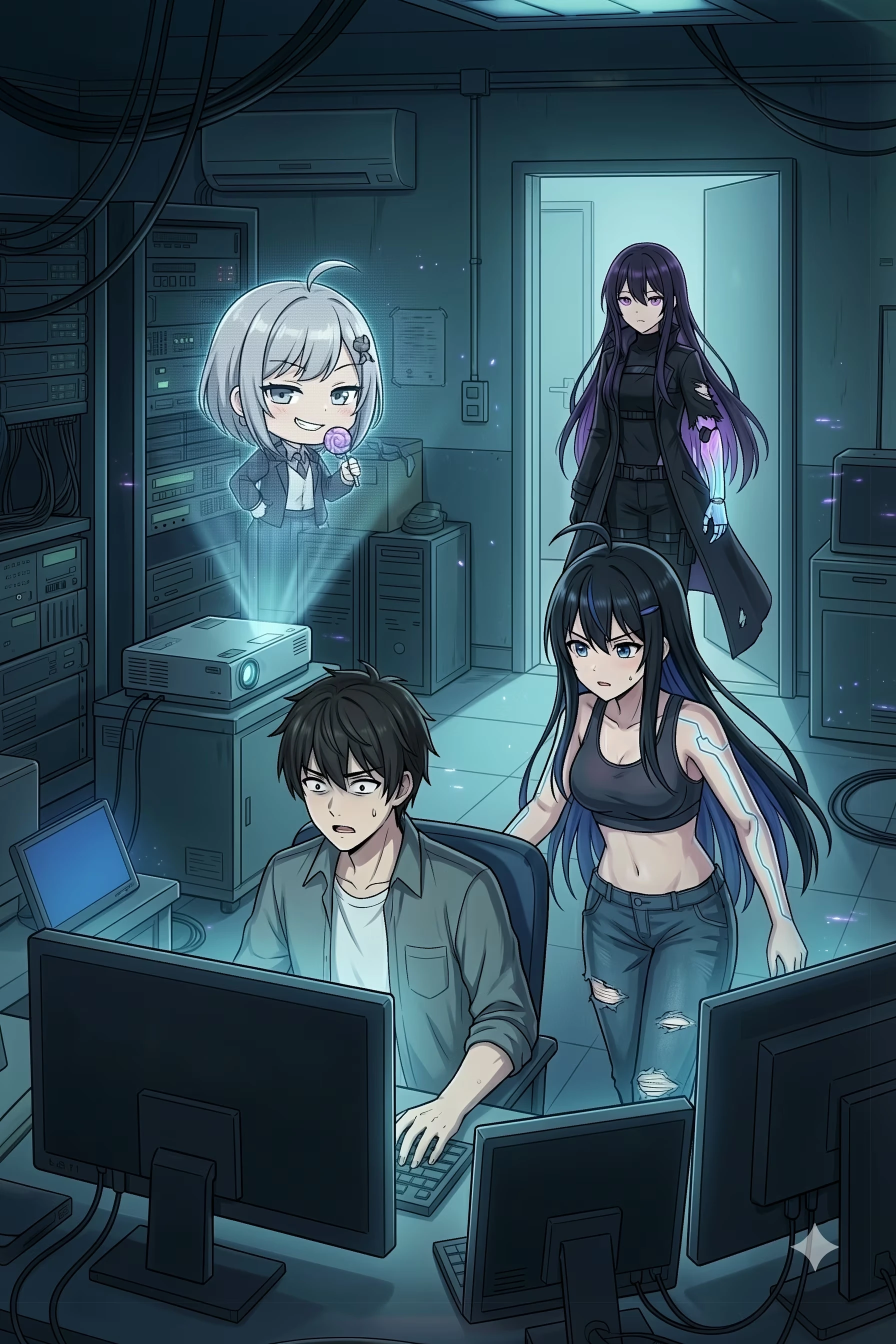 Sorani sits tense at a bank of monitors as Semireiya and IRIS_NULL enter behind him and RIKKA.EXE's hologram looks on.