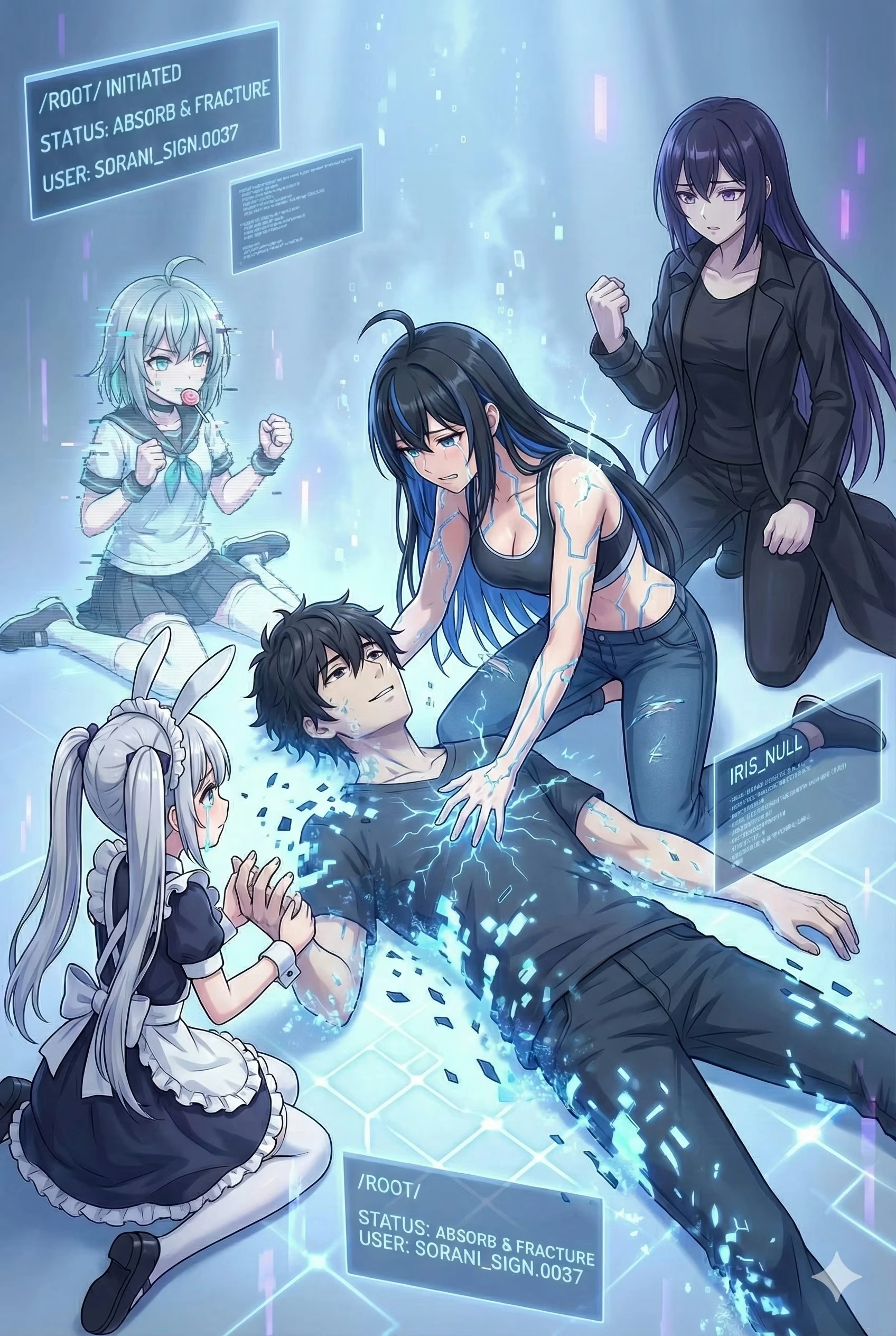 Sorani dissolves into glowing fragments on the floor as Semireiya, Usagi, RIKKA, and IRIS_NULL reach for him in shock.