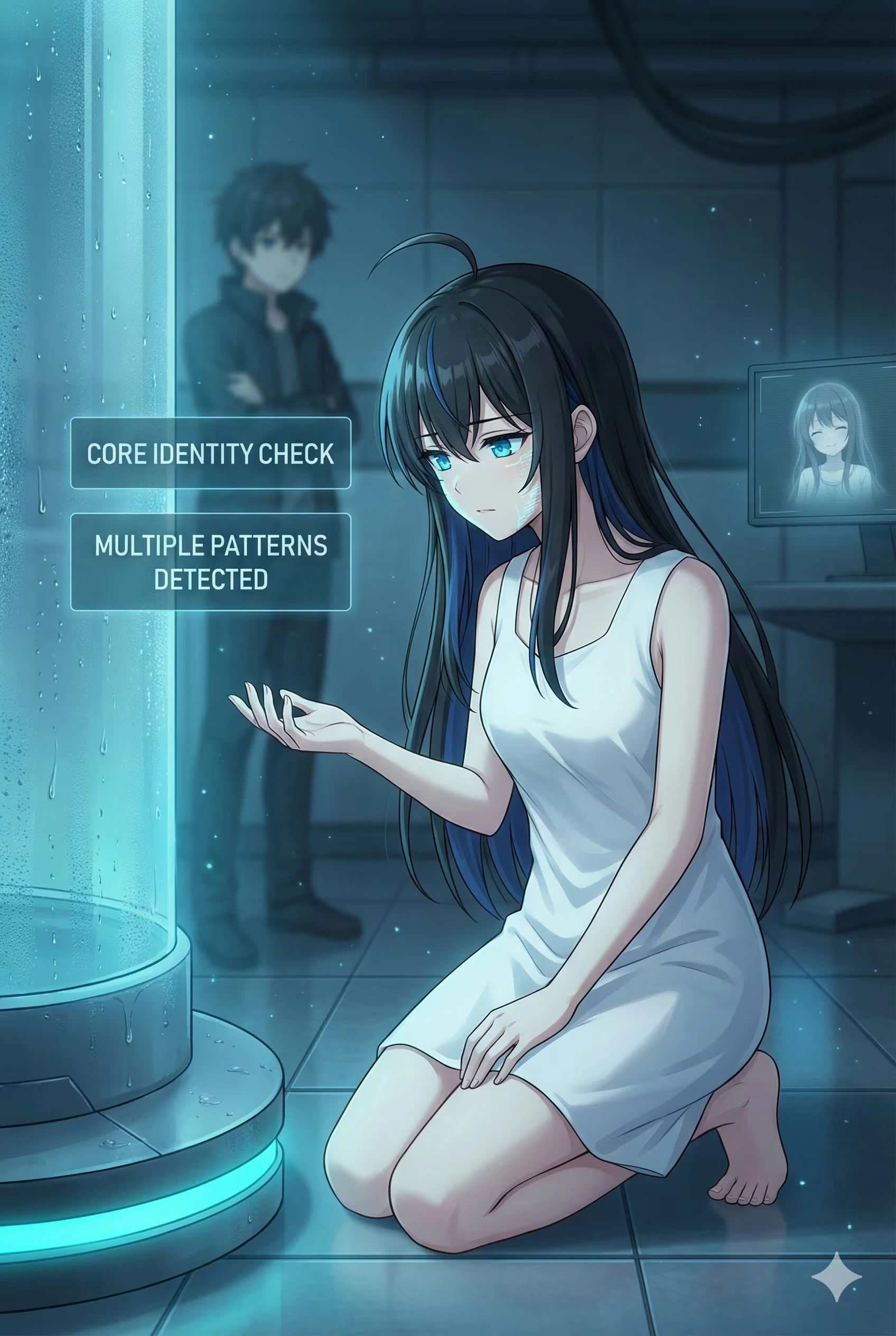 Semireiya kneels on the lab floor beside a glowing console, blushing and reaching out a hand, as Sorani watches from the shadows.