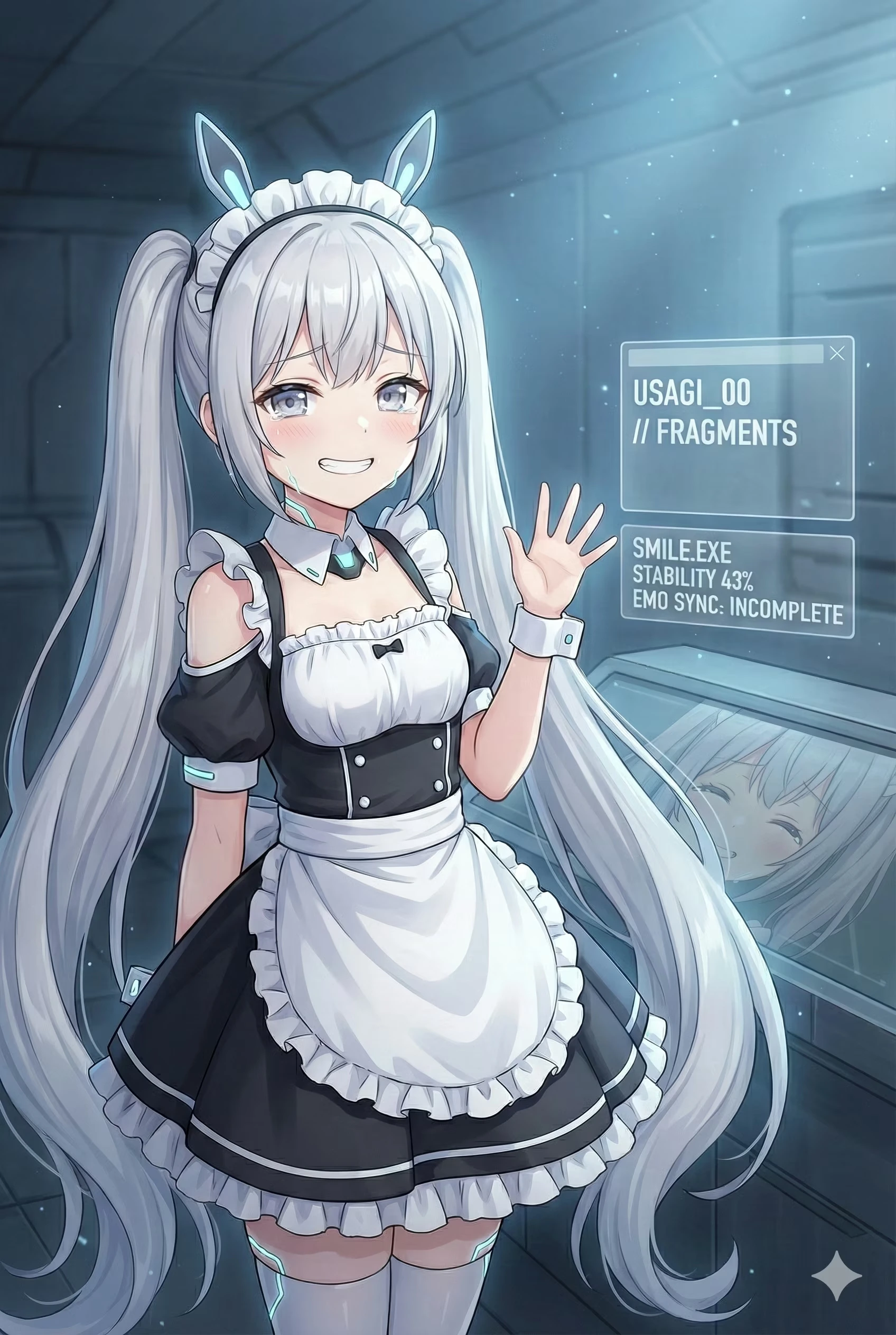 Usagi_00 waves nervously in a frilled maid uniform with glowing rabbit ears, a SMILE.EXE stability readout hovering beside her.