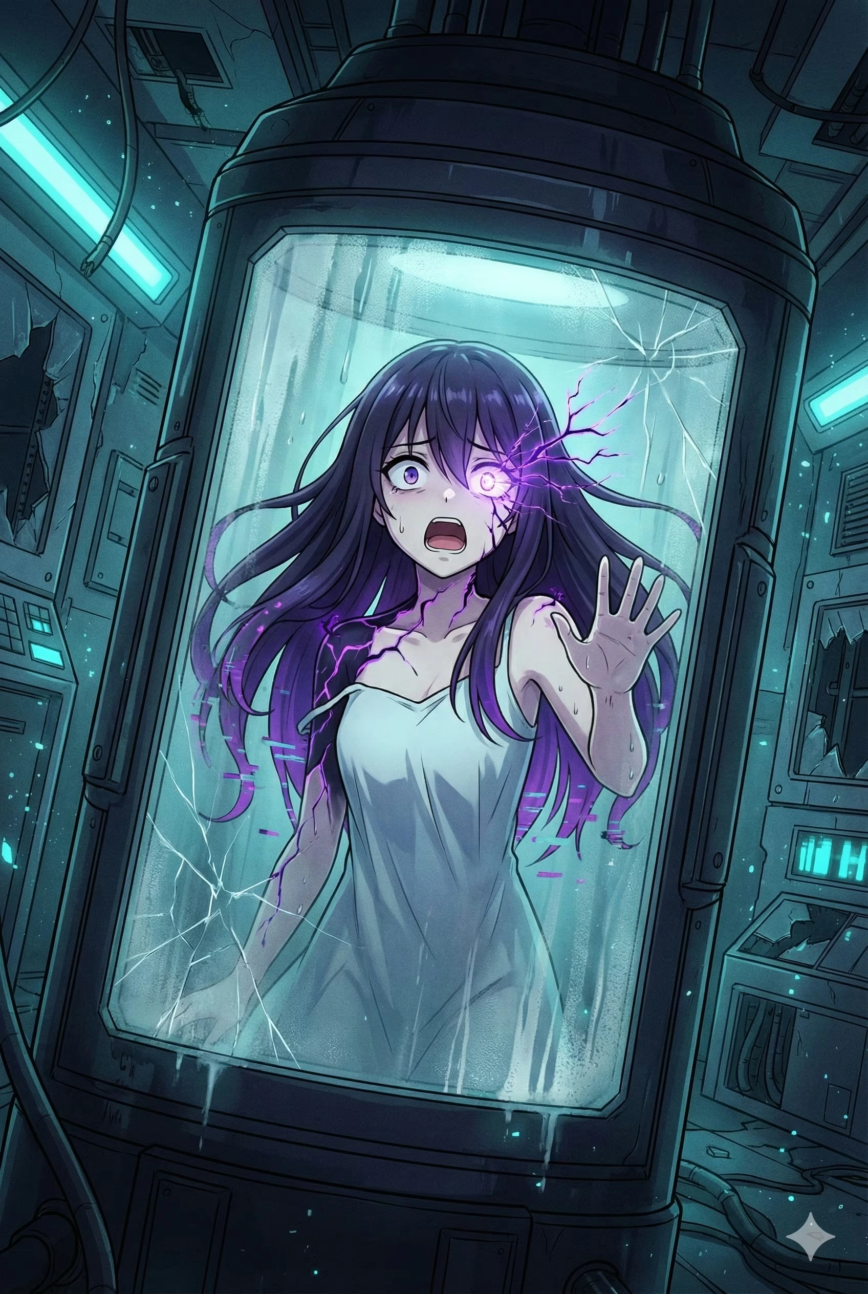 IRIS_NULL screams behind cracked containment glass, one eye sparking with purple electricity as she presses a hand to the glass.