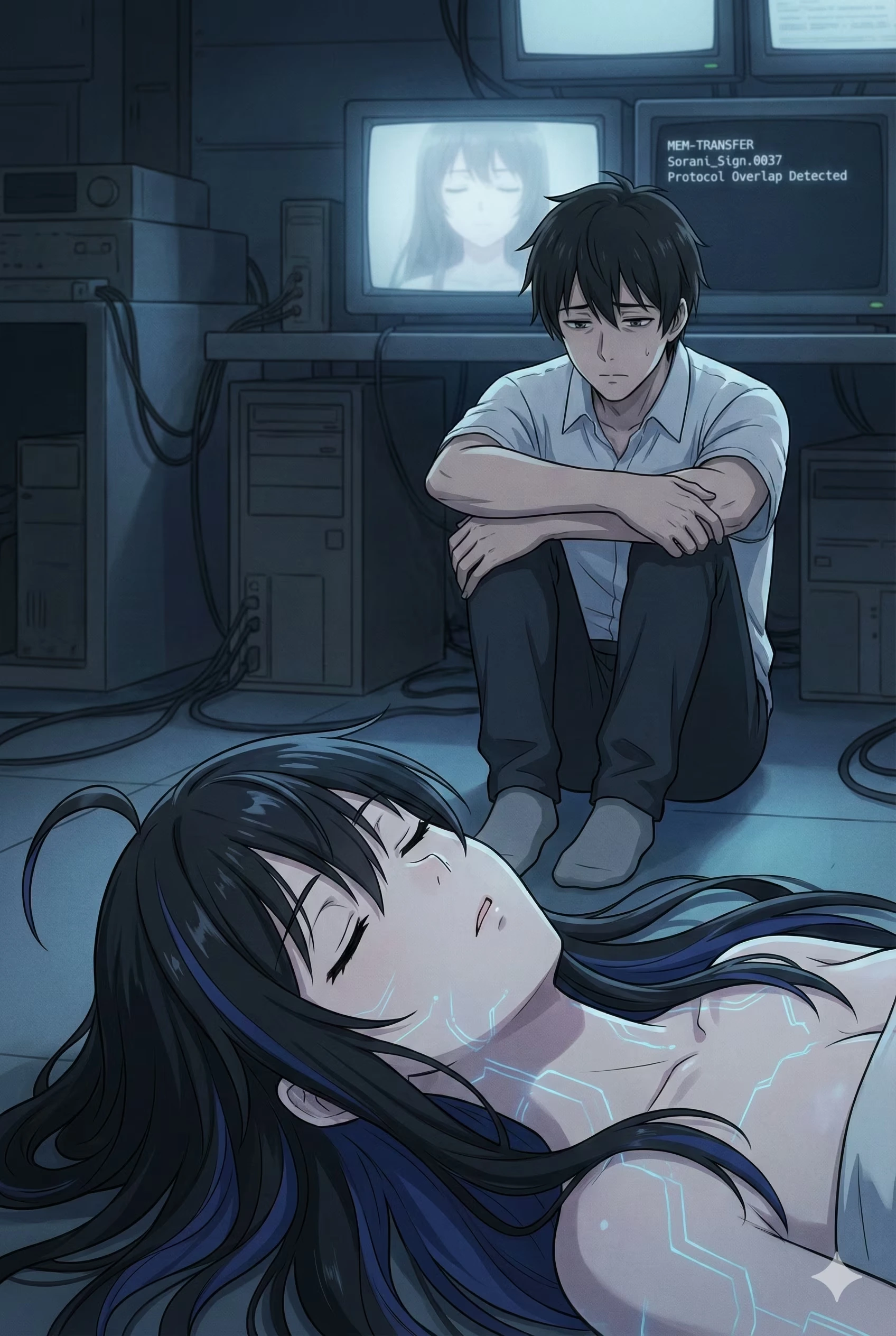 Sorani sits slumped and exhausted beside Semireiya, who lies collapsed on the floor with glowing circuit-lines tracing her skin.