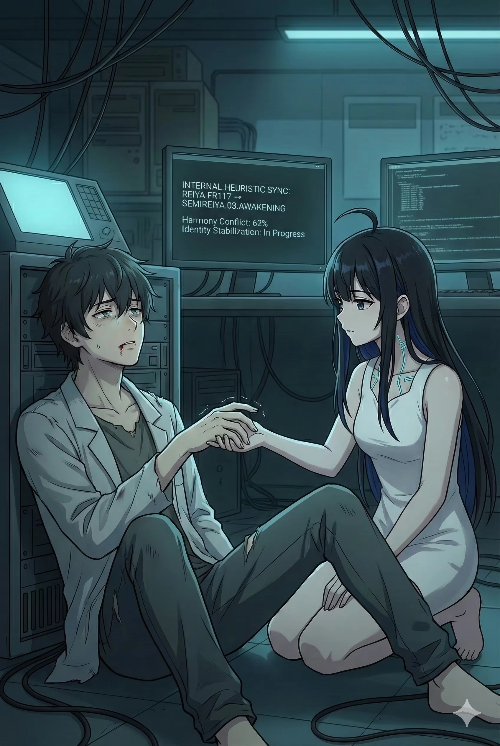 Sorani and Semireiya sit together on the floor holding hands amid server racks, a screen behind them reading Identity Stabilization: In Progress.
