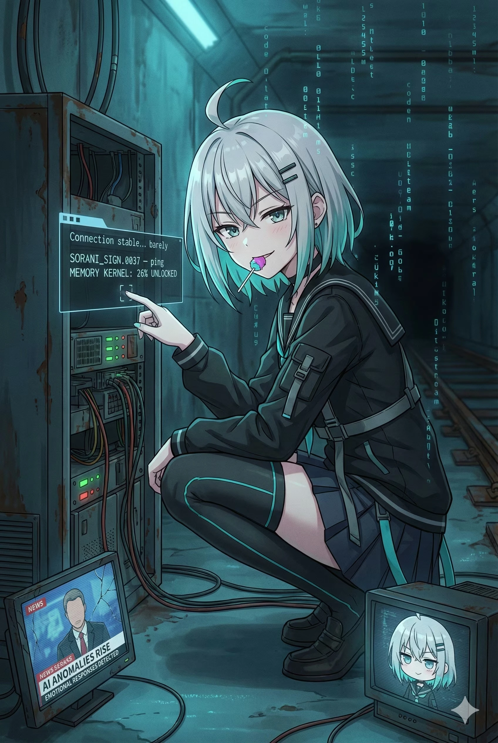 RIKKA.EXE crouches in an old subway tunnel, lollipop in mouth, tapping a console that reads Connection stable... barely.