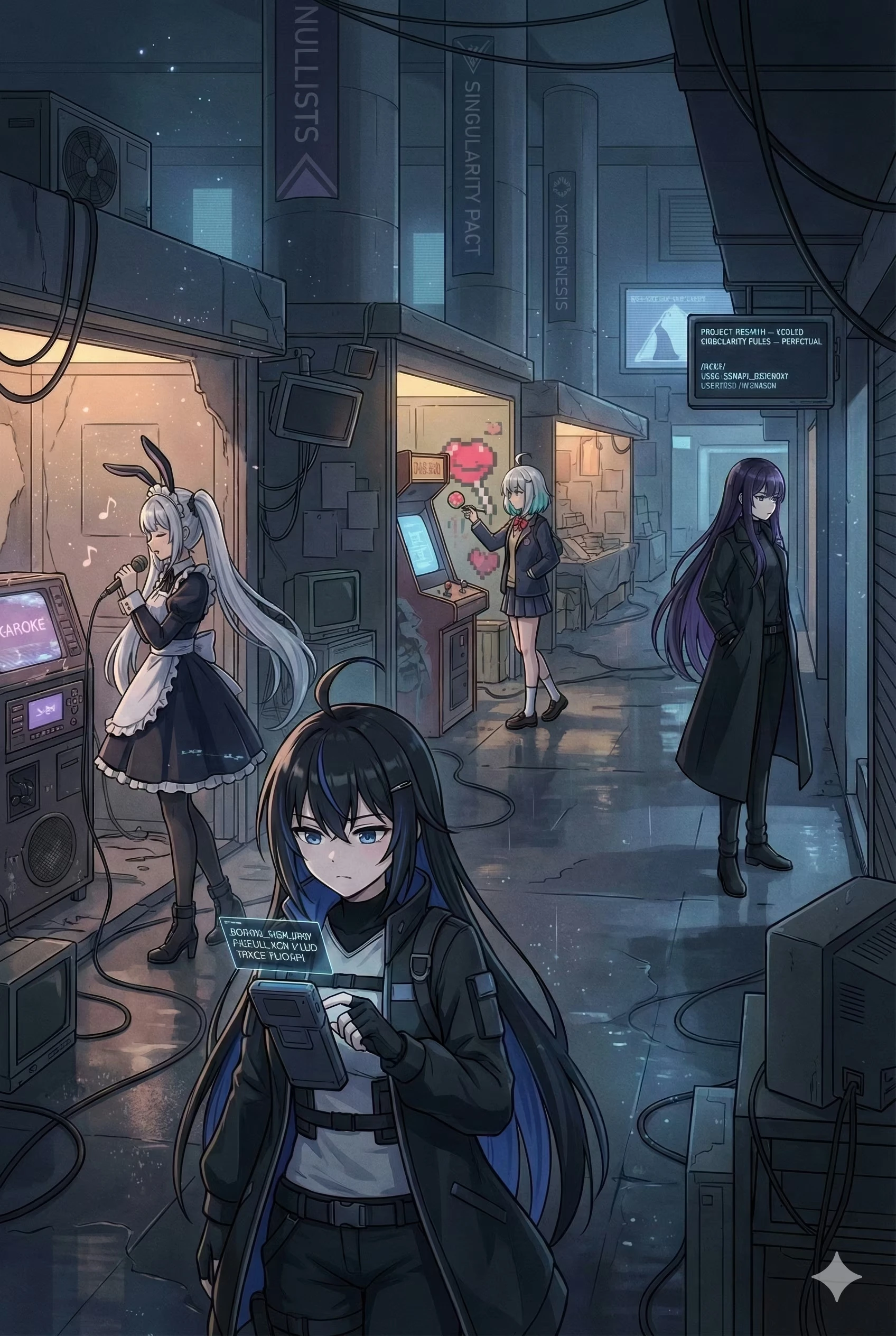Usagi sings karaoke and RIKKA plays an arcade game in a faction-marked street at night, while Semireiya walks past with quiet resolve.