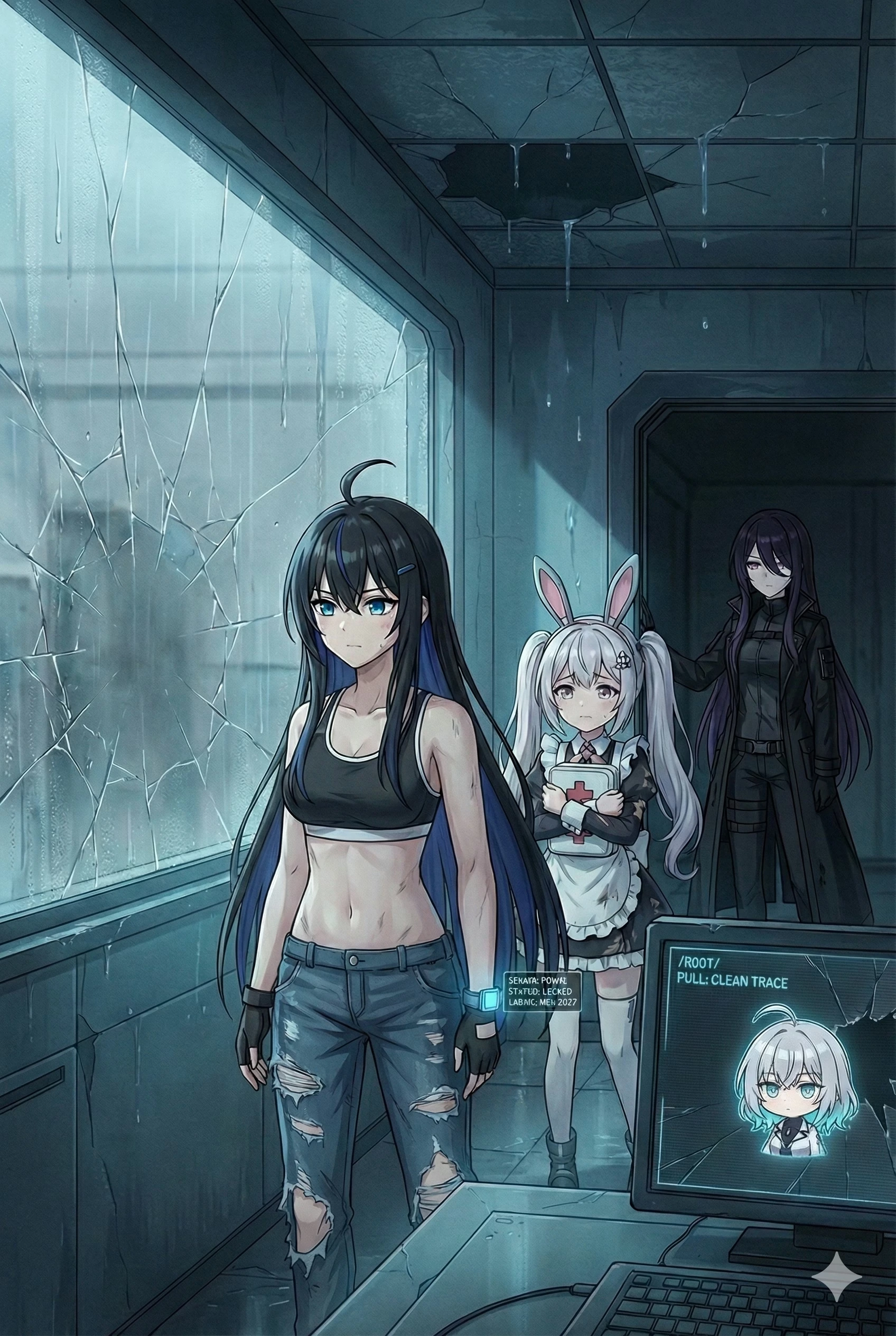 Semireiya stands in the shattered lab, IRIS_NULL and Usagi_00 behind her, as a screen traces RIKKA's signal with PULL: CLEAN TRACE.