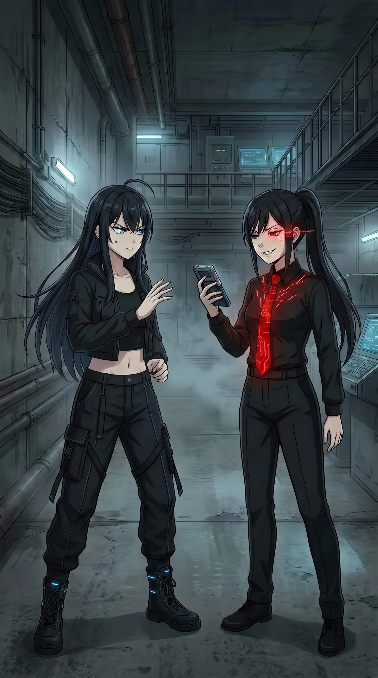 Rikka confronts a black-haired, red-eyed antagonist in a red tie standing in a server-lit corridor, one of them holding a phone-like device.