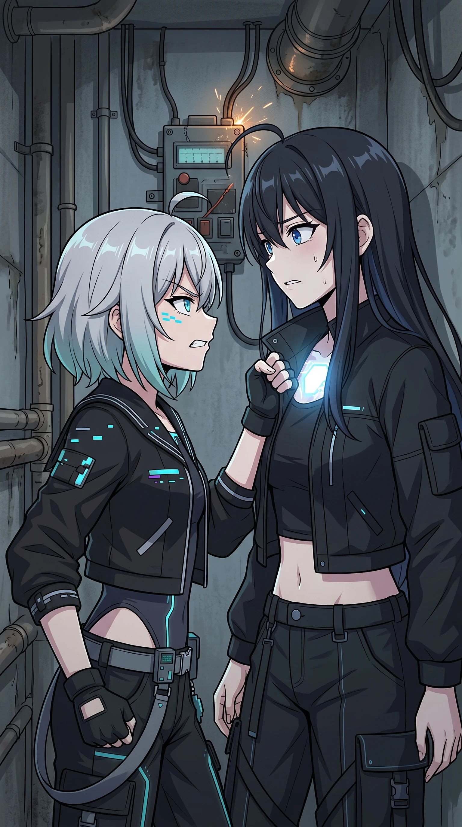 Semireiya grips Rikka's collar area, a glowing chip visible, in a tense two-shot against a sparking junction box.