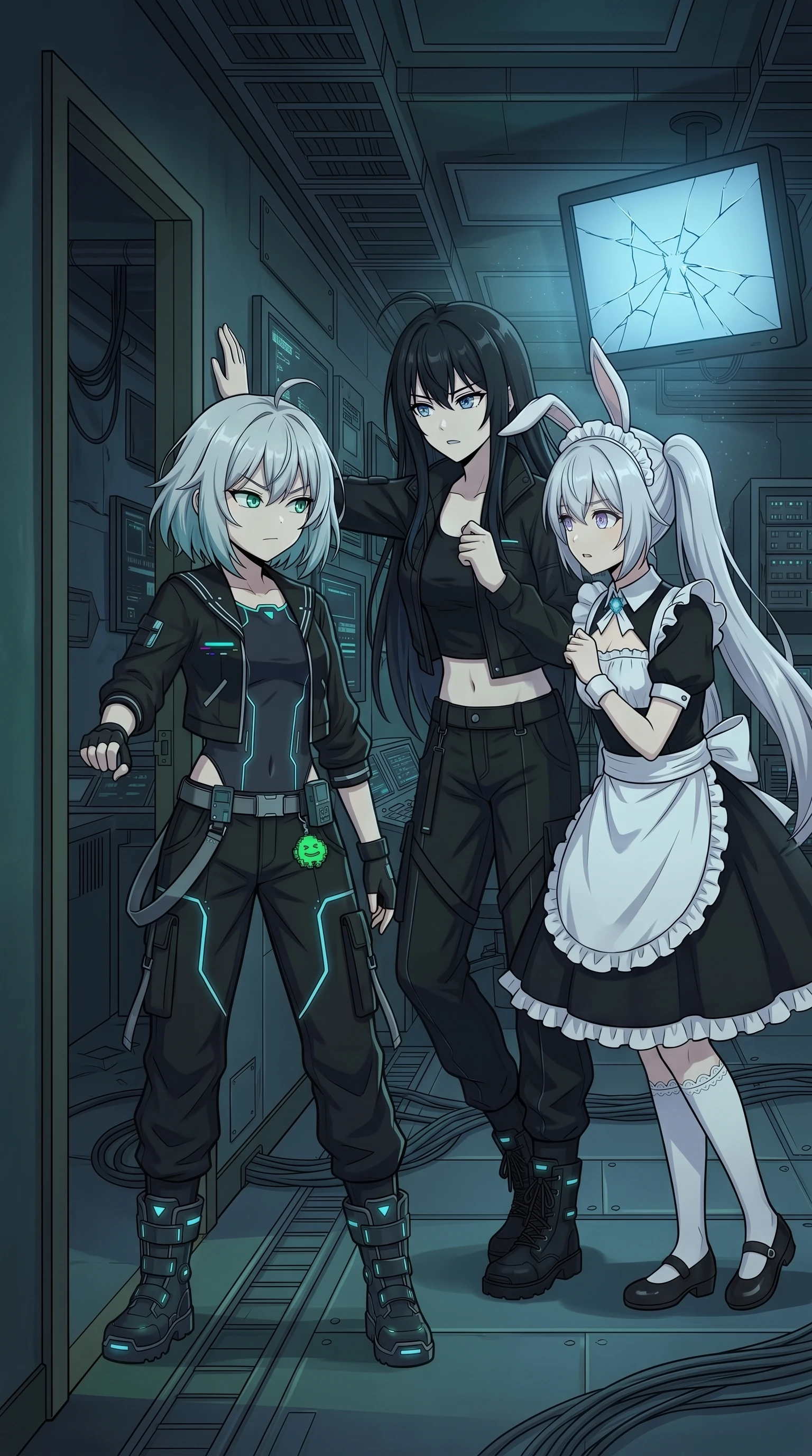Rikka, Semireiya, and Usagi gather inside the sound-damped booth, a cracked screen behind them.