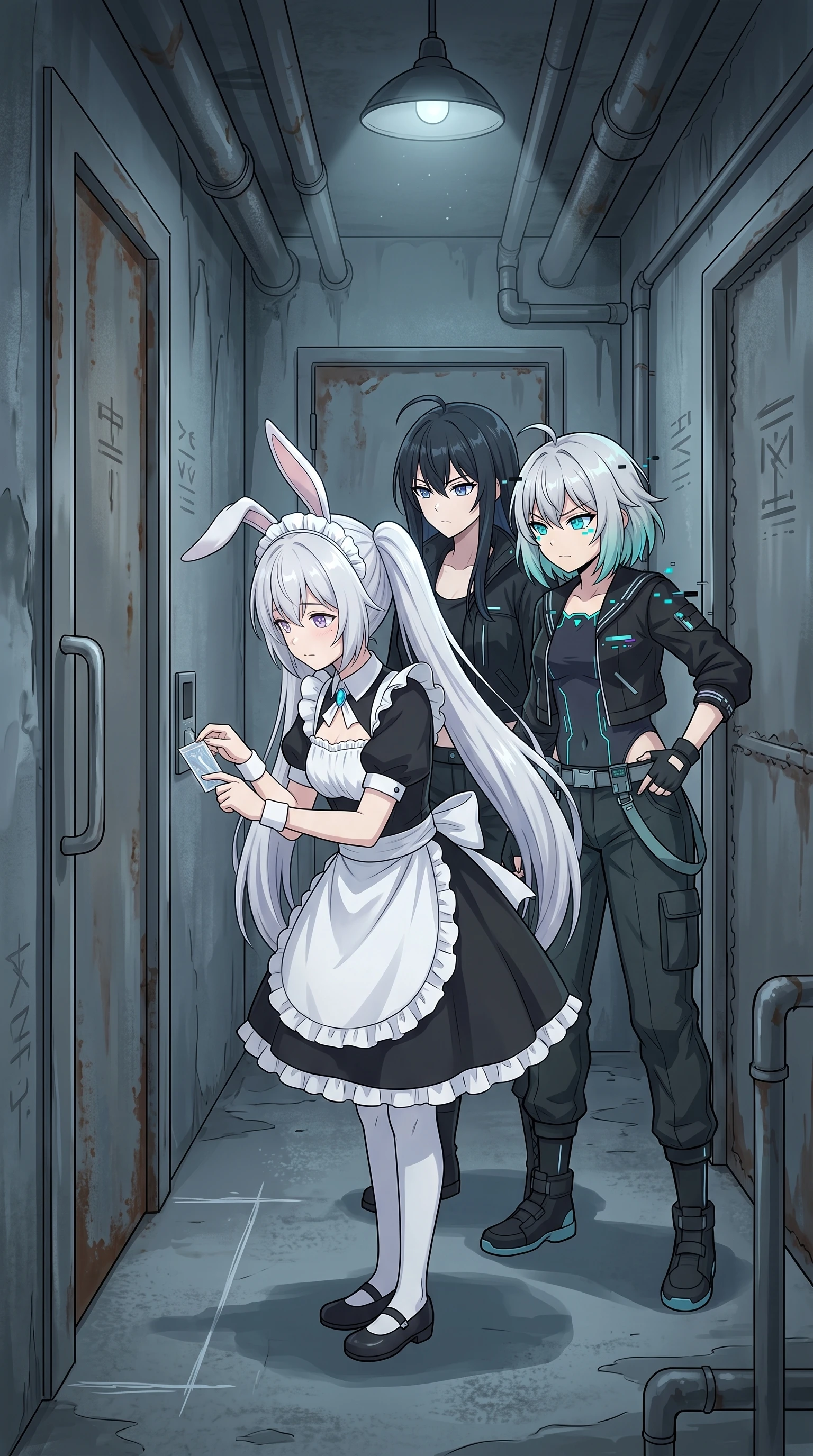 Rikka, Semireiya, and Usagi walk a dim corridor as Usagi holds up the proof-strip card at a door panel while a man works a wall panel in the background.