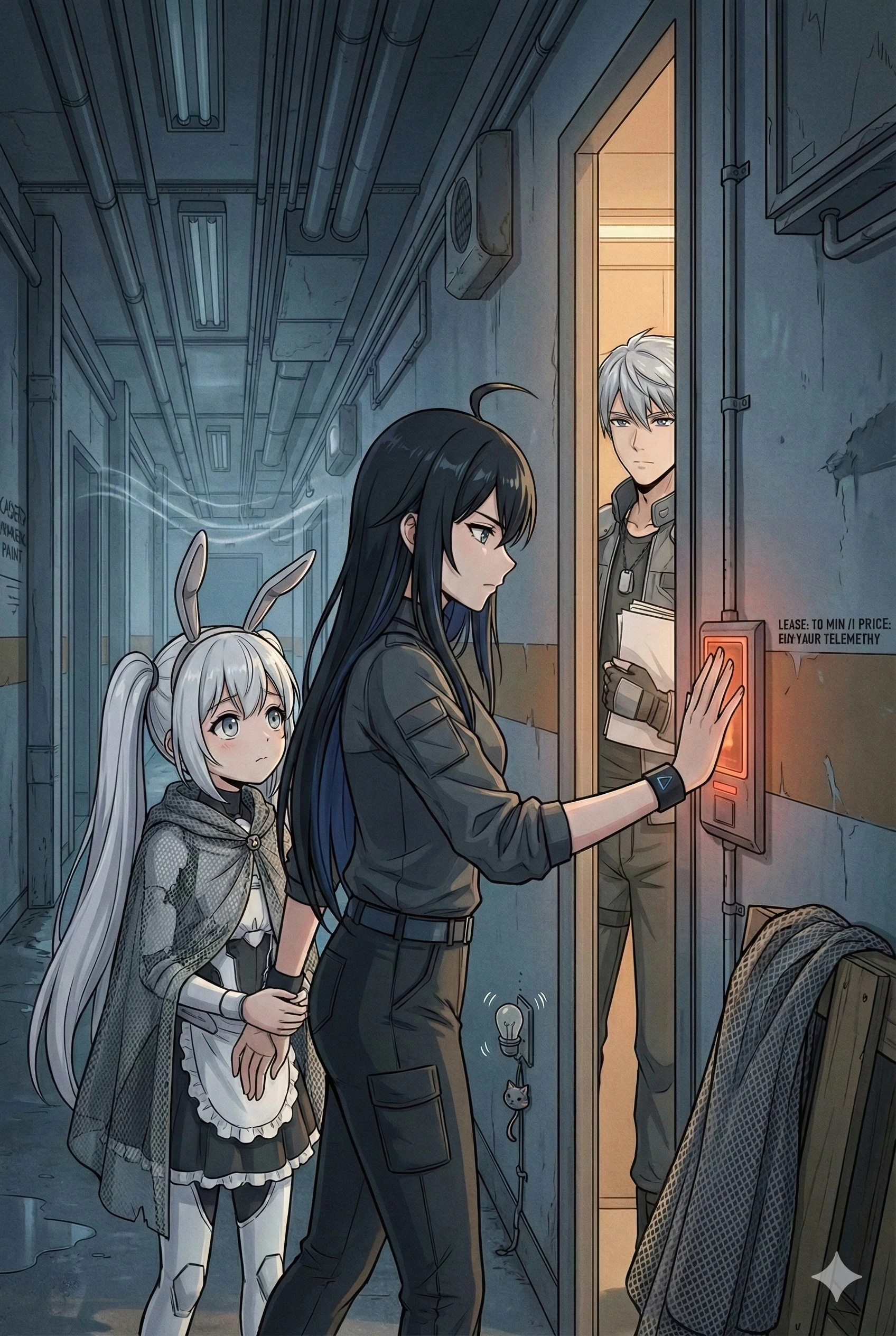 Semireiya and Usagi meet Kei at a lit doorway, trading documents and cloaking mesh for information under lease terms.