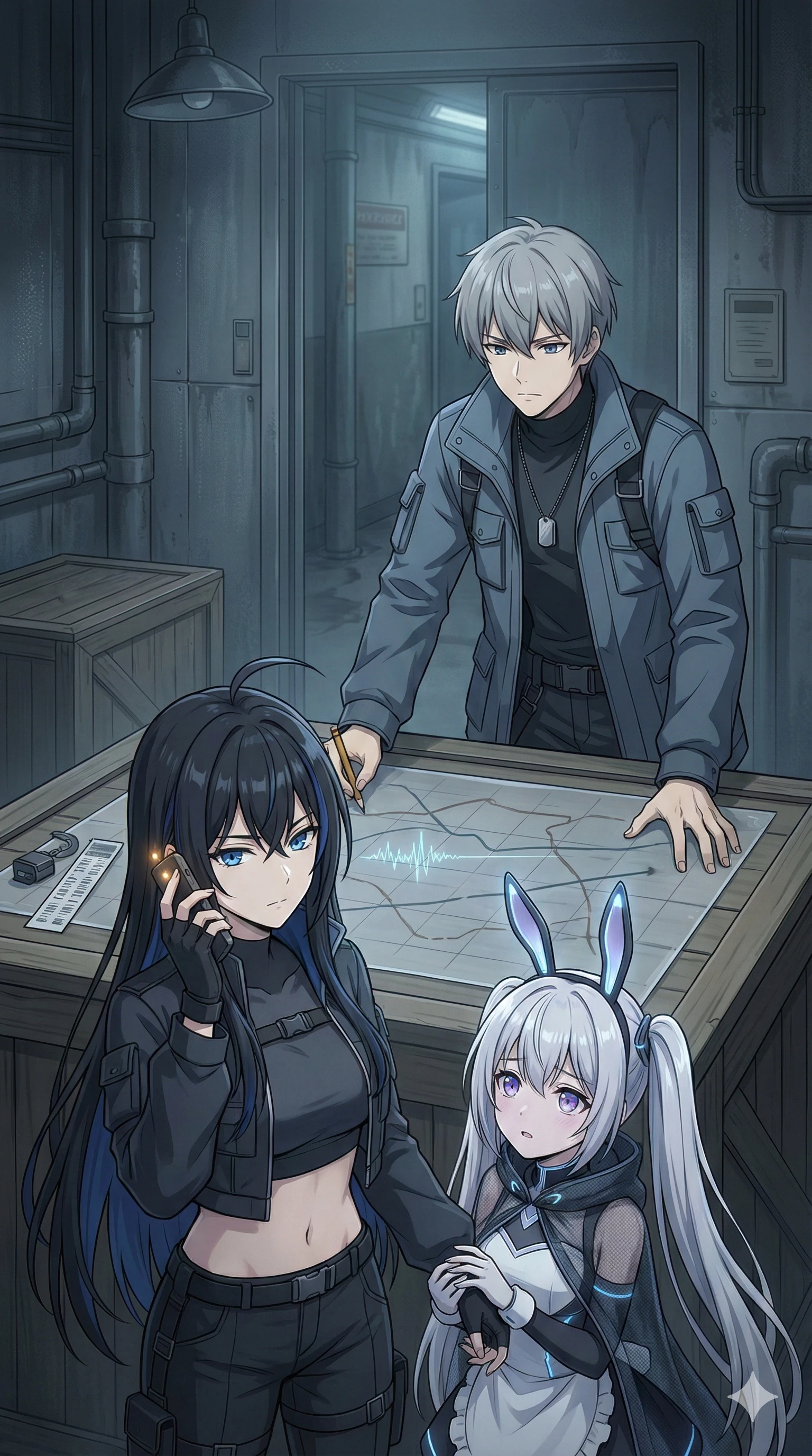 RIKKA.EXE's face appears on a phone call as Semireiya listens, Usagi close beside her, while Kei traces a jagged signal line across a map.