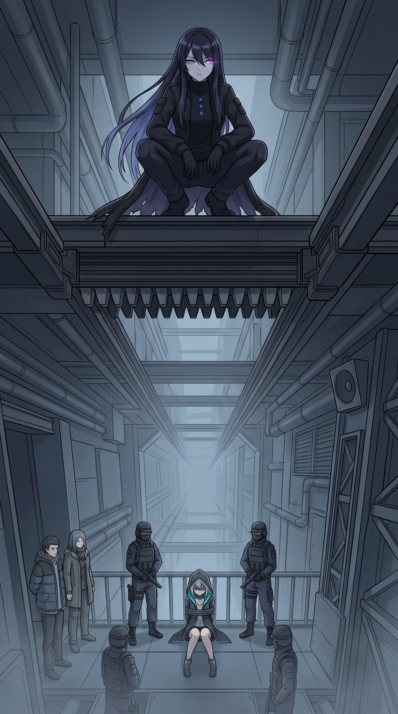 IRIS_NULL crouches unseen on an overhead beam, watching RIKKA.EXE bound and guarded by masked soldiers in the corridor below.