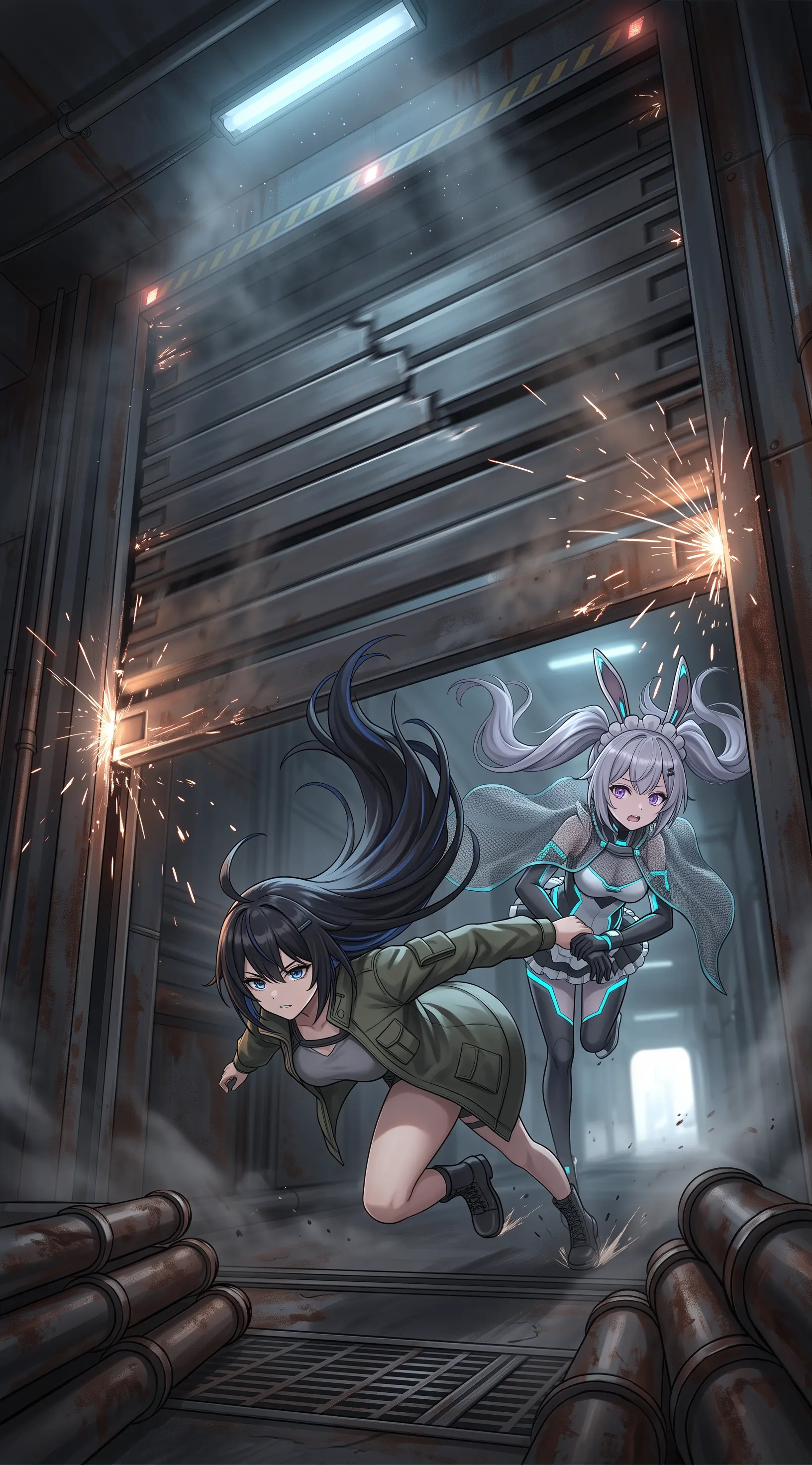 Semireiya pulls Usagi through a half-open shutter door showering sparks as they dash into the corridor beyond.
