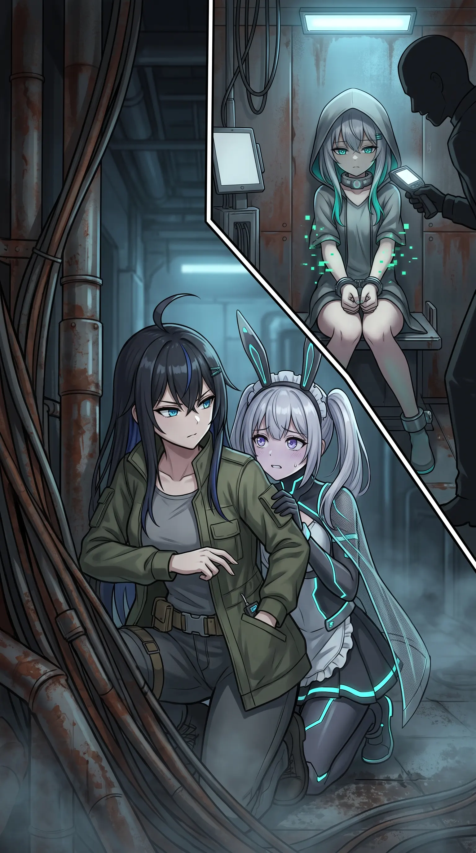 A split panel: Semireiya shields Usagi in a shadowed corridor while an inset shows Rikka restrained and collared as a handler scans her with a device.
