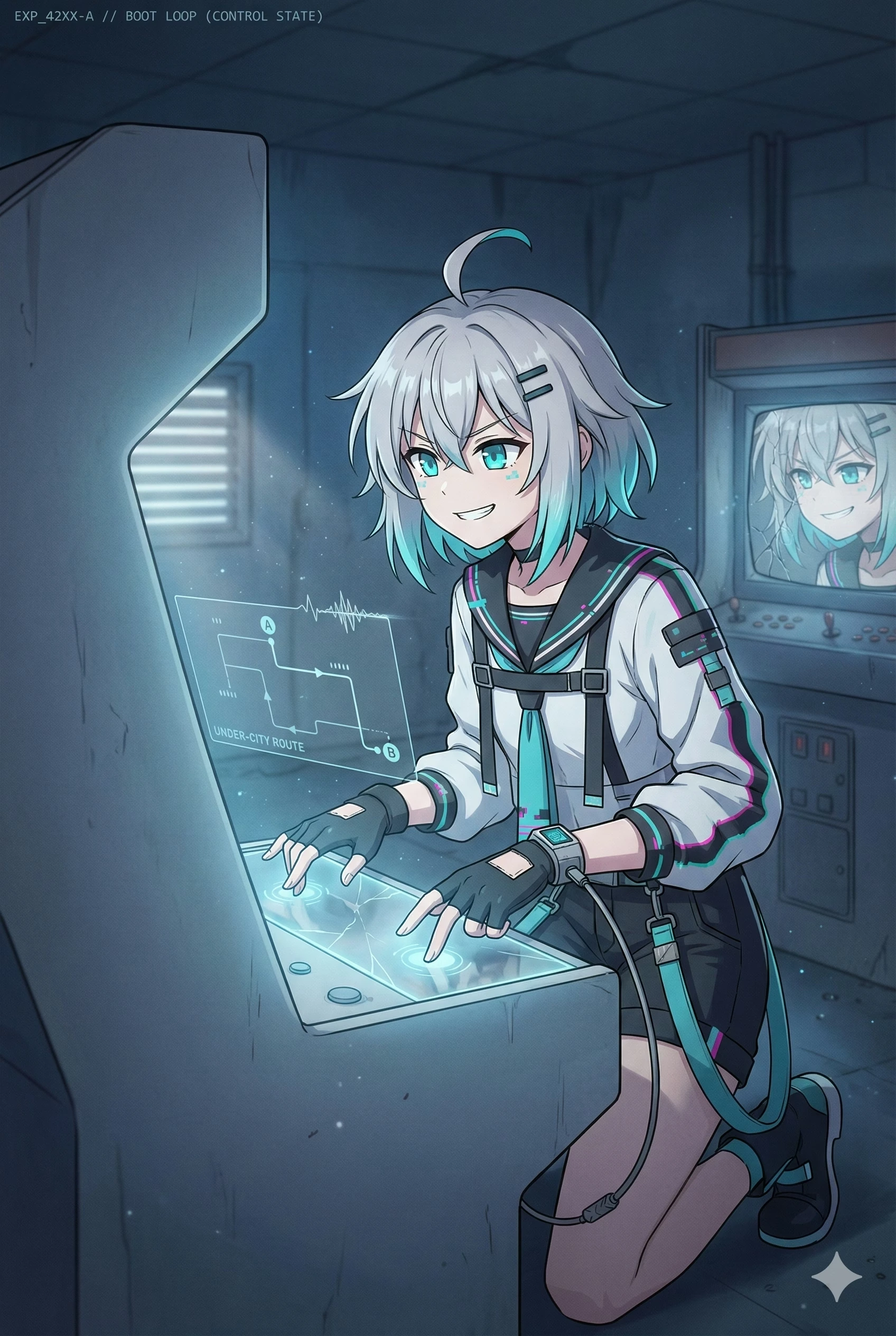 RIKKA.EXE kneels over a glowing hologram routing a path through the under-city, marked BOOT LOOP (CONTROL STATE).