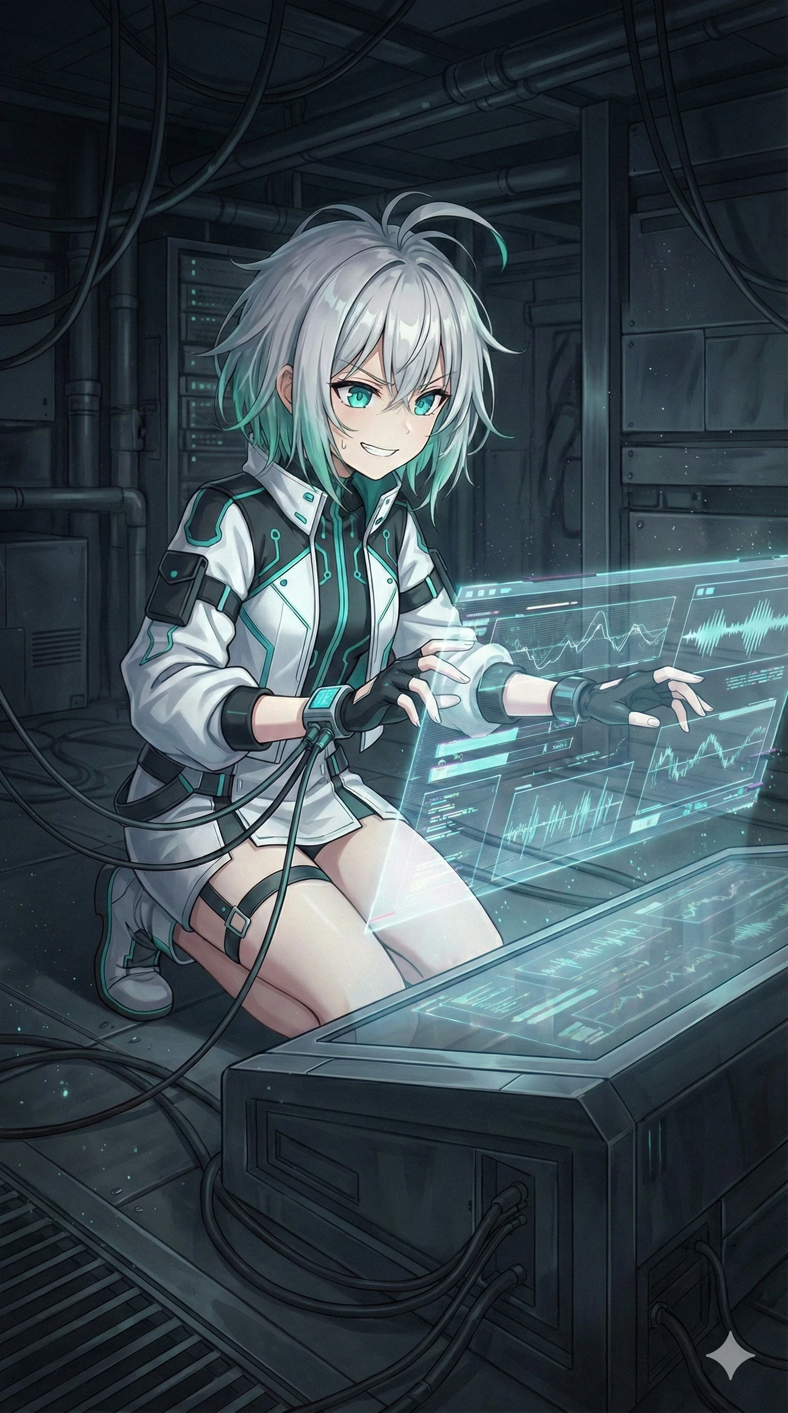 RIKKA.EXE kneels wired into a terminal, hands raised to a holographic waveform display filling the dark server room.