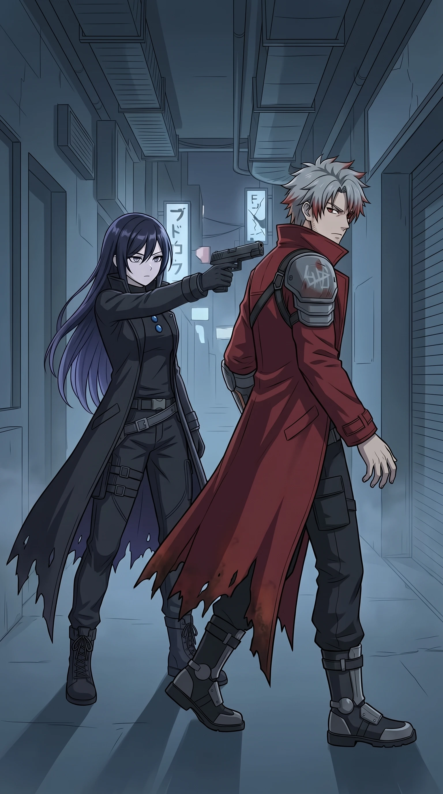 IRIS_NULL aims a pistol at a red-coated, silver-haired, cybernetic-armed man in a corridor.